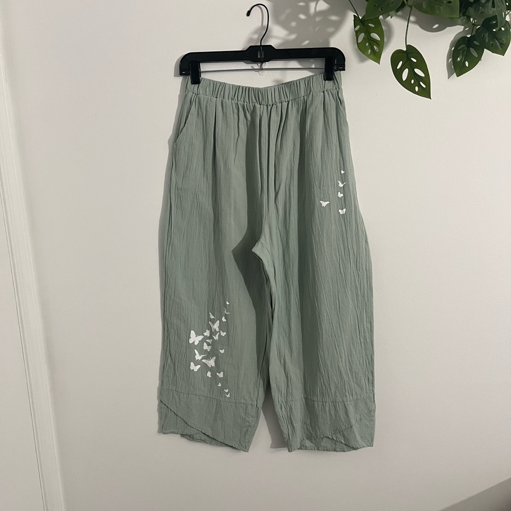 Vintage Sage Green Capris with White Butterfly Design